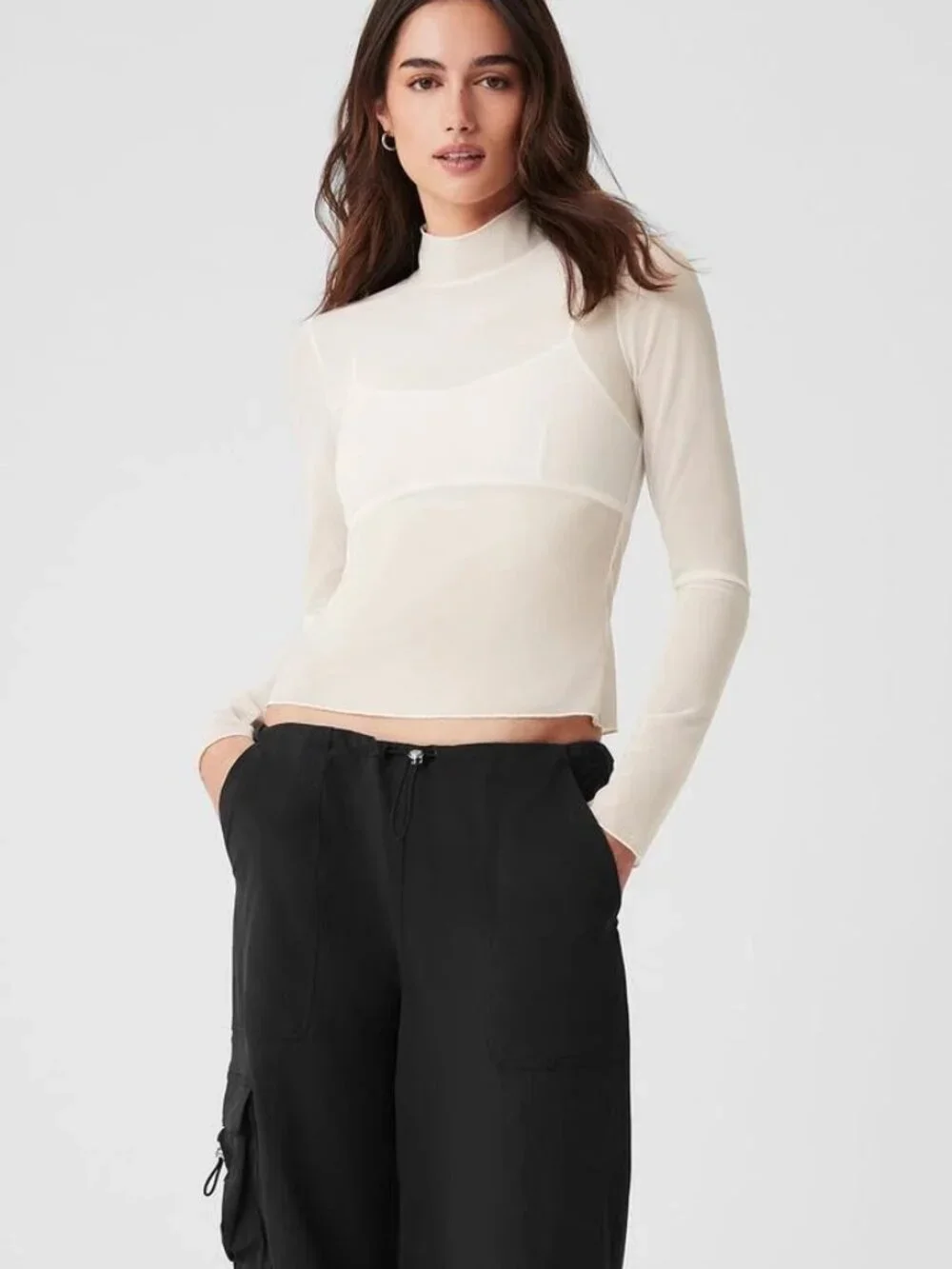 Alo Mesh Sheer Illusion Mock Neck Long Sleeve - Ivory - Size Medium